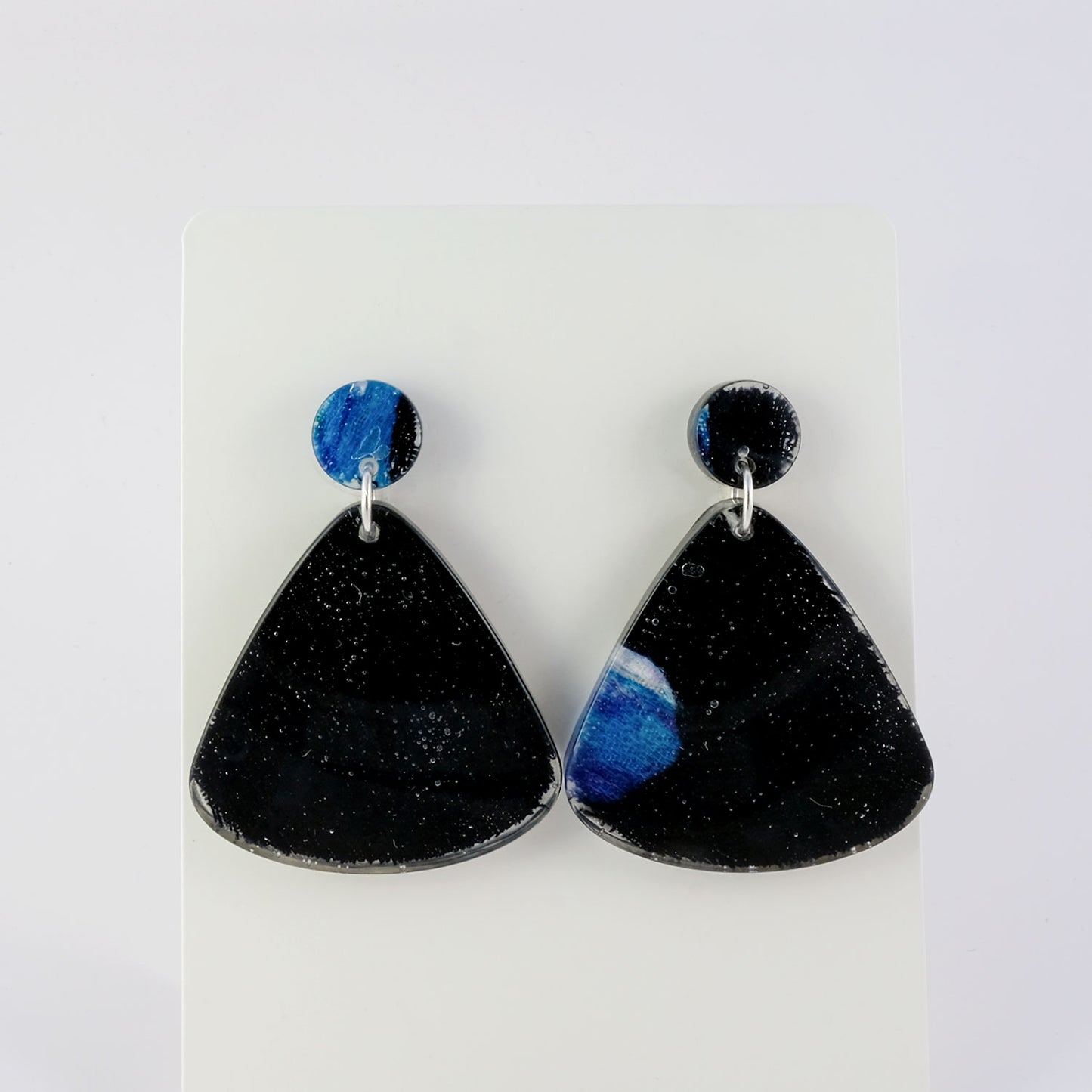 Earrings | 60s Tiki Fabric, Black, Blue | Large Fan Posts