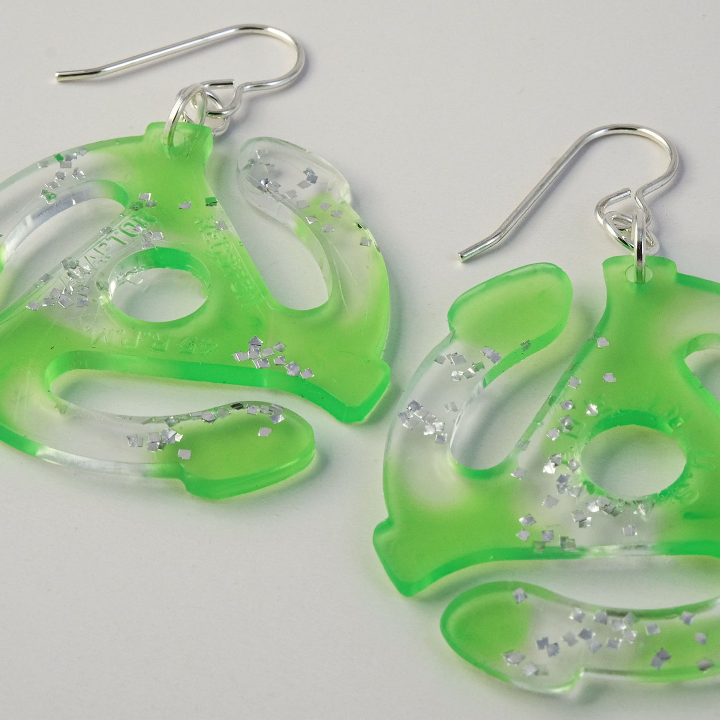 Earrings | 45 Adapters | Neon Green + Silver Glitter