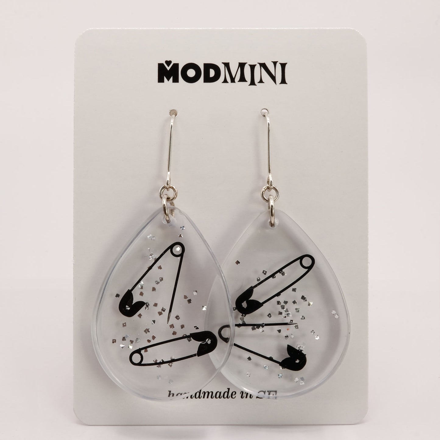 Earrings | Black Safety Pins + Silver Vintage Glitter | Large Teardrop