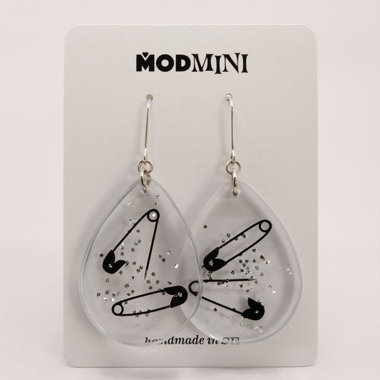 Earrings | Black Safety Pins + Silver Vintage Glitter | Large Teardrop