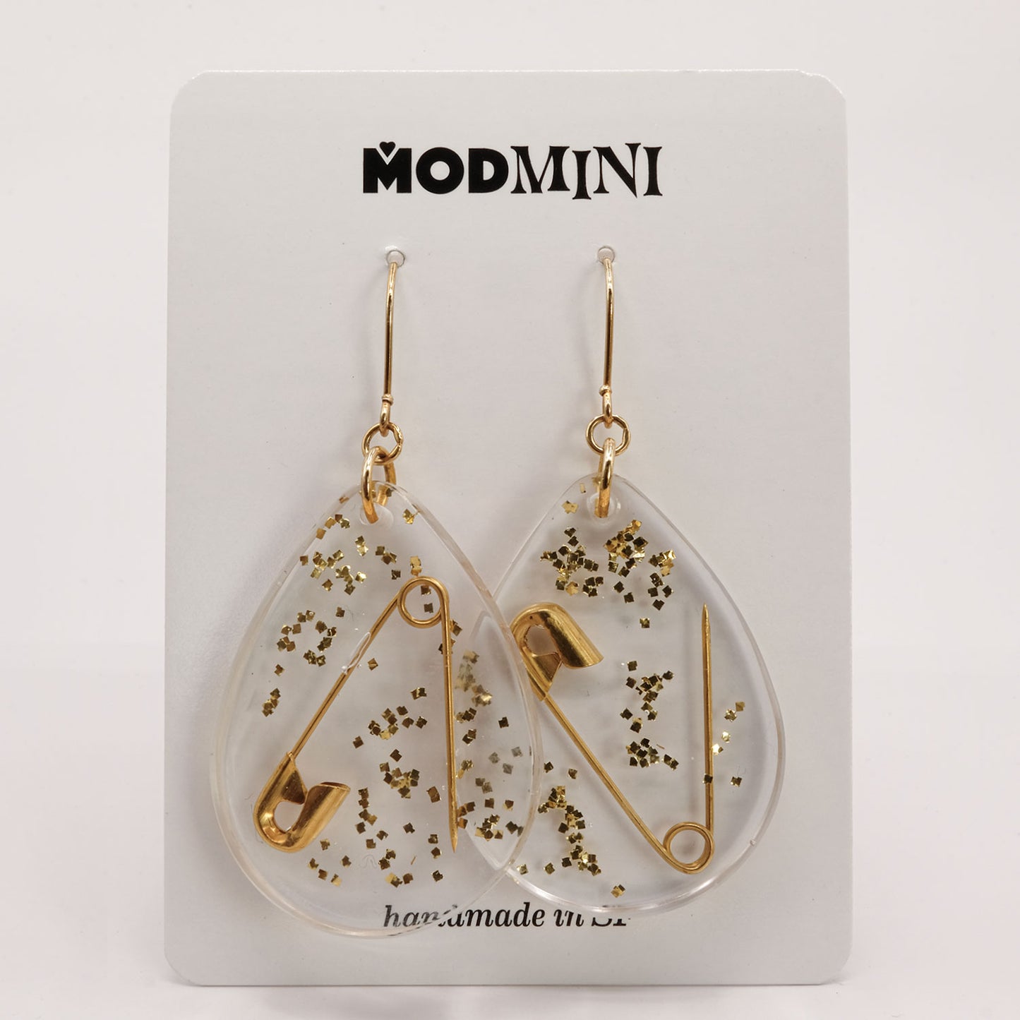 Earrings | Gold Safety Pins + Vintage Glitter | Large Teardrop