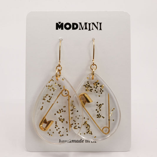 Earrings | Gold Safety Pins + Vintage Glitter | Large Teardrop