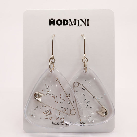 Earrings | Silver Safety Pins + Vintage Glitter | Large Fans