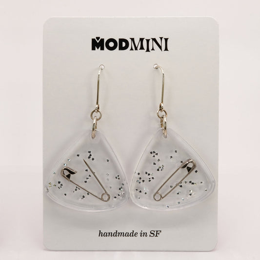Earrings | Silver Safety Pins + Vintage Glitter | Medium Fans