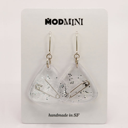 Earrings | Silver Safety Pins + Vintage Glitter | Medium Fans