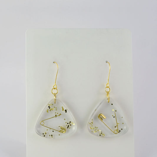Earrings | Gold Safety Pins + Vintage Glitter | Medium Fans