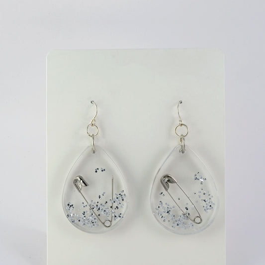 Earrings | Silver Safety Pins + Vintage Glitter | Large Teardrop