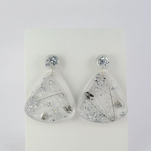 Earrings | Silver Safety Pins + Vintage Glitter | Large Fan Posts
