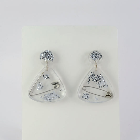 Earrings | Silver Safety Pins + Vintage Glitter | Medium Fan Posts