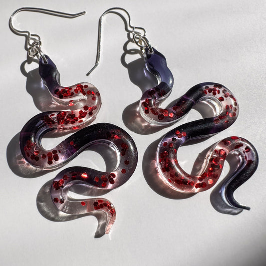Earrings | Snakes | Black + Red Vintage Glitter