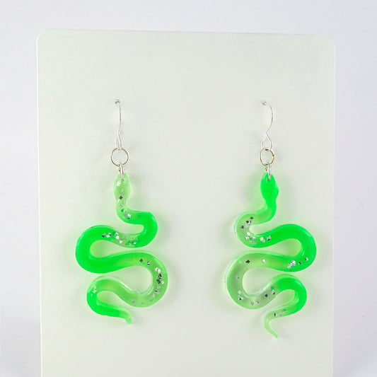 Earrings | Snakes | Neon Green + Silver Vintage Glitter