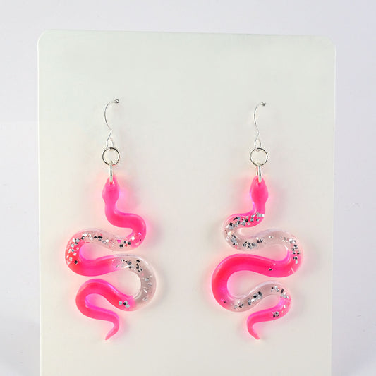 Earrings | Snakes | Neon Pink + Silver Vintage Glitter