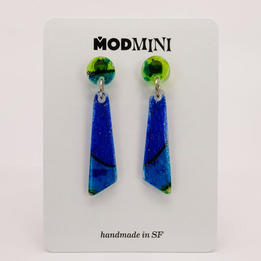 Earrings | 60s Tiki Fabric, Blue, Lime | Small Oblong Posts