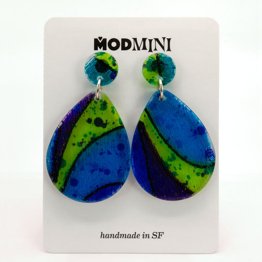 Earrings | 60s Tiki Fabric, Blue, Lime, Purple | Large Teardrop Posts