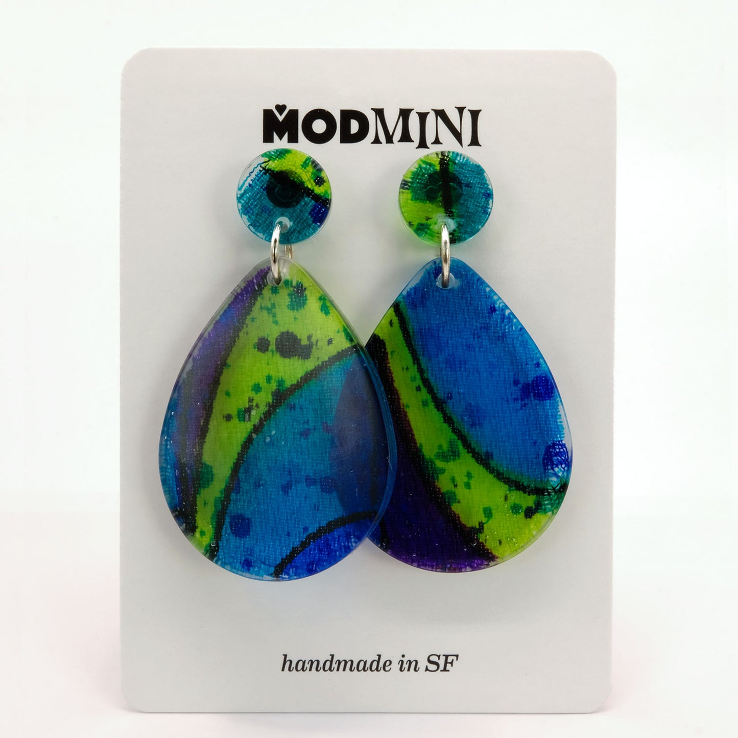 Earrings | 60s Tiki Fabric, Blue, Lime, Purple | Large Teardrop Posts