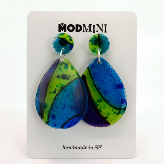 Earrings | 60s Tiki Fabric, Blue, Lime, Purple | Large Teardrop Posts