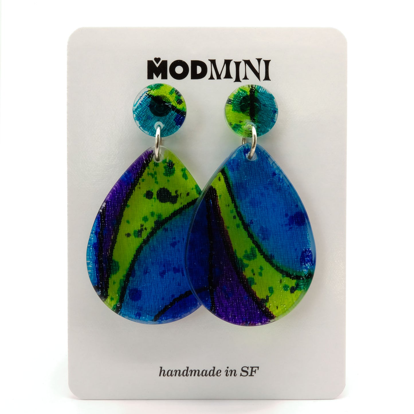 Earrings | 60s Tiki Fabric, Blue, Lime, Purple | Large Teardrop Posts