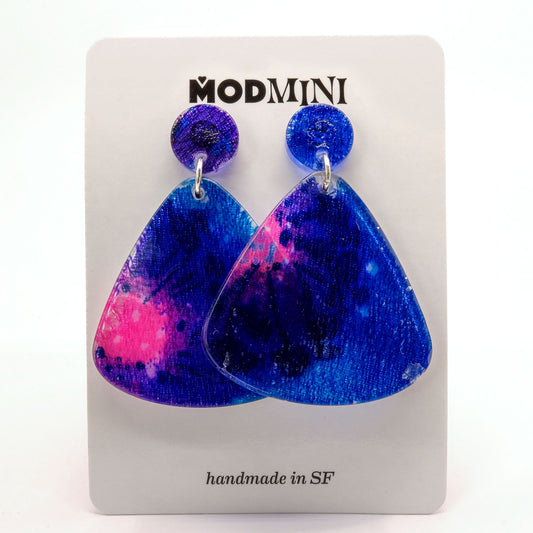 Earrings | 60s Tiki Fabric, Blue, Pink, Purple | Large Fan Posts