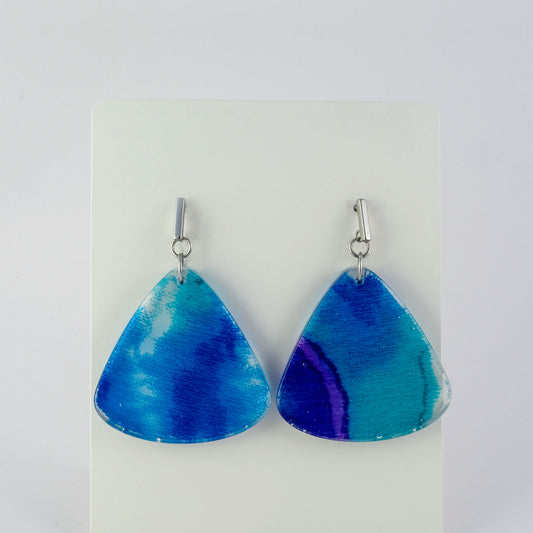 Earrings | 60s Tiki Fabric, Aqua, Blue, Purple | Large Fan Stainless Posts