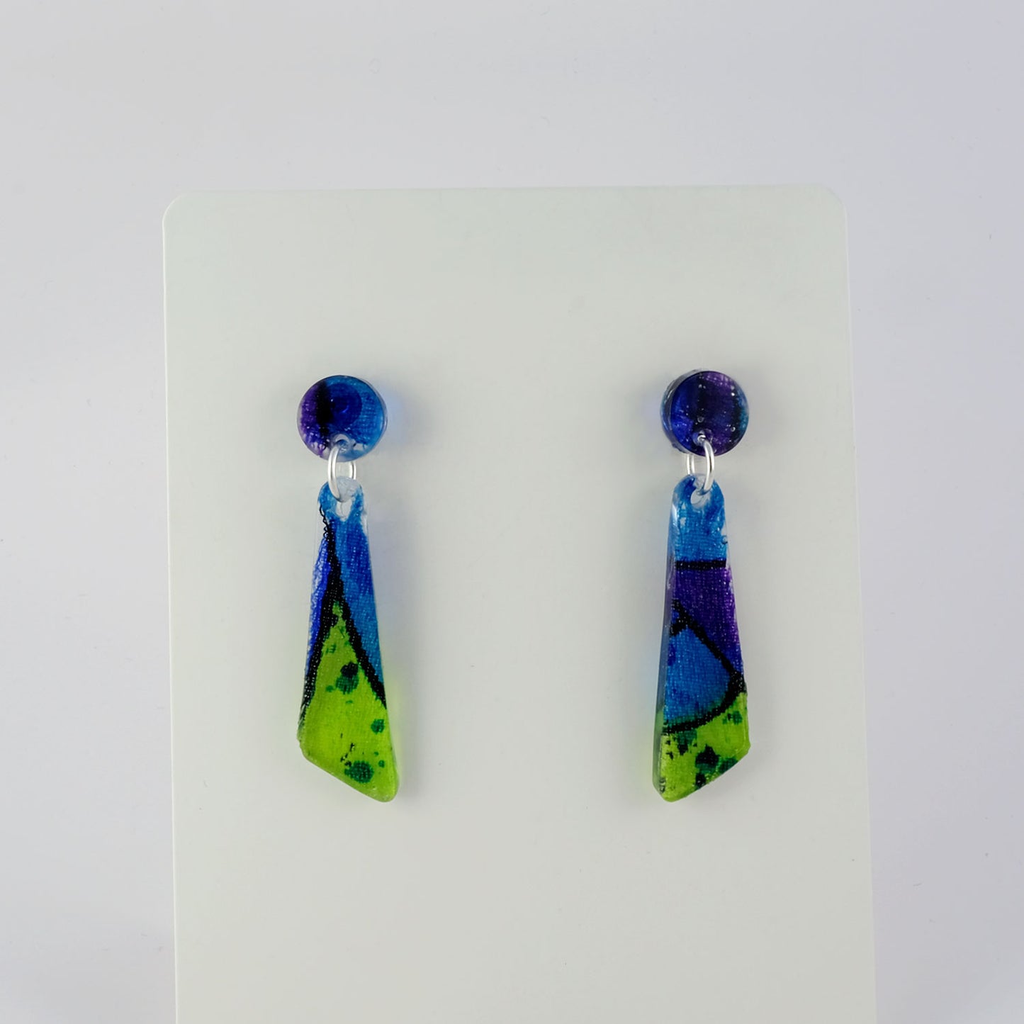 Earrings | 60s Tiki Fabric, Blue, Lime, Purple | Small Oblong Posts
