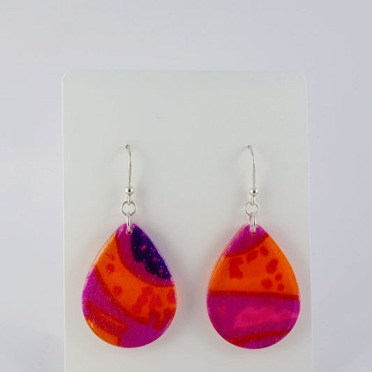 Earrings | 60s Tiki Fabric, Pink, Fuchsia, Orange, Purple | Large Teardrop
