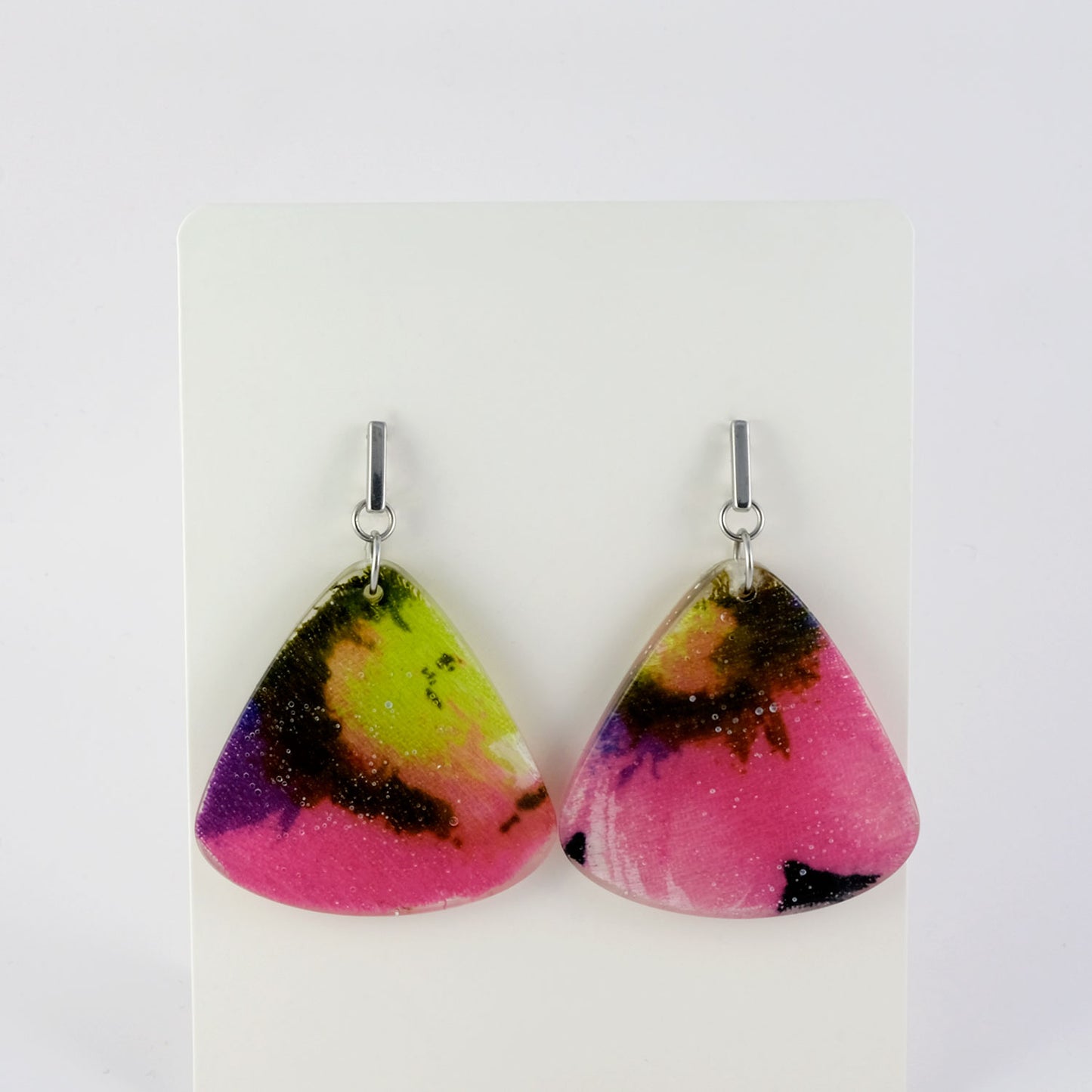 Earrings | 60s Tiki Fabric, Floral Abstract | Large Fan Stainless Posts