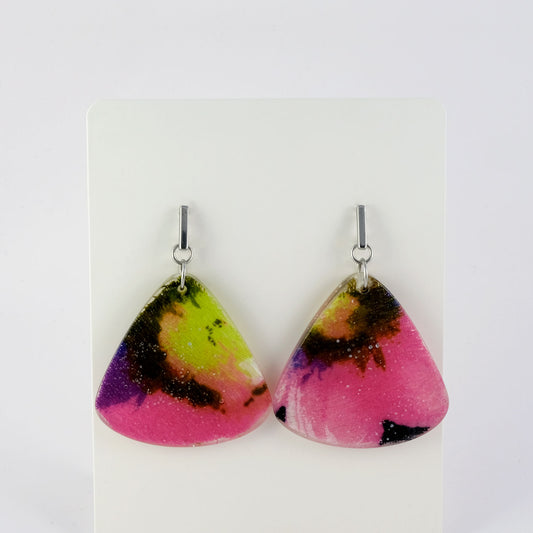 Earrings | 60s Tiki Fabric, Floral Abstract | Large Fan Stainless Posts