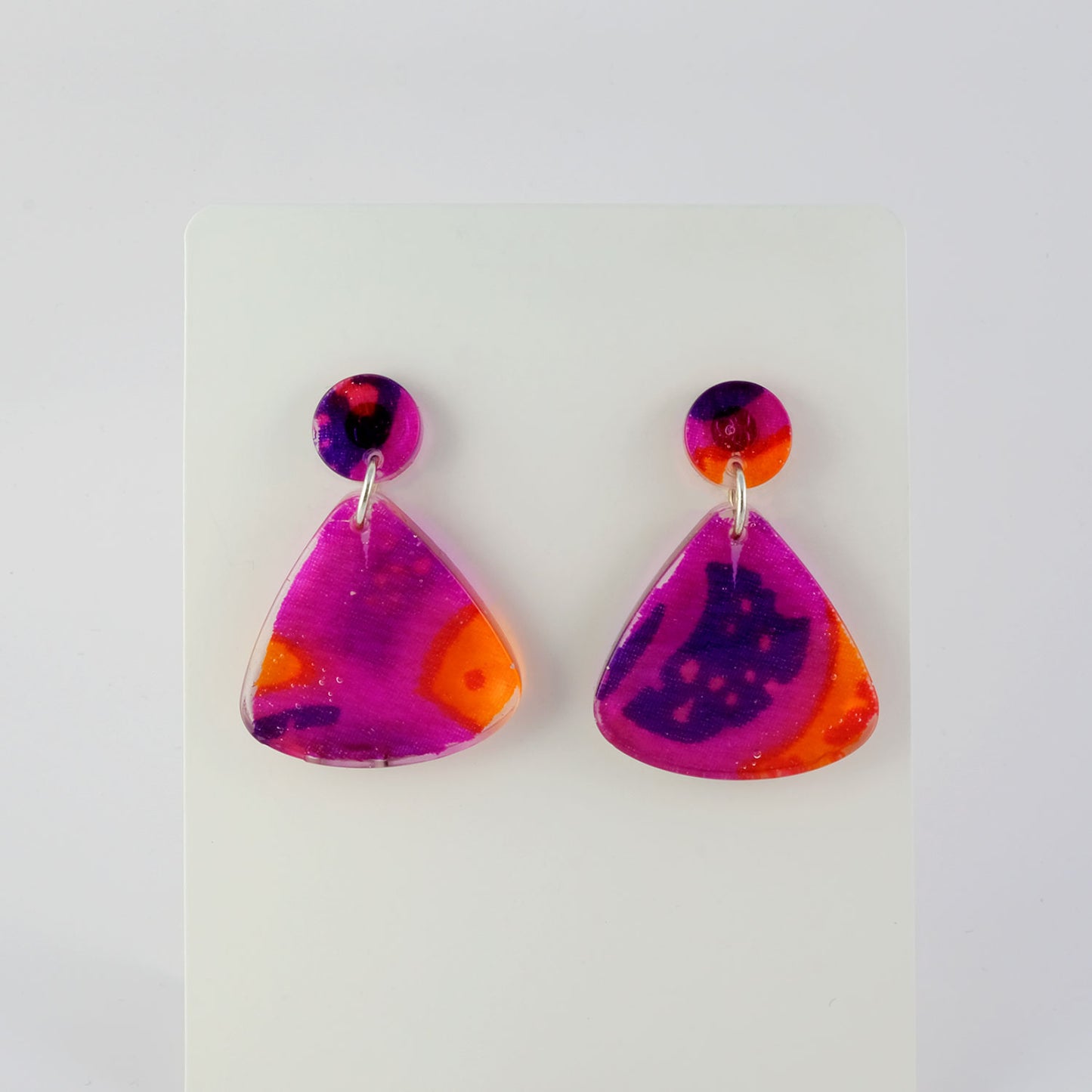 Earrings | 60s Tiki Fabric, Pink, Orange, Purple | Small Fan Posts